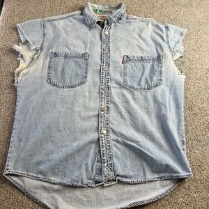 vtg Levis vest  Mens large blue Denim Shirt Sleeveless Frayed Distressed Light